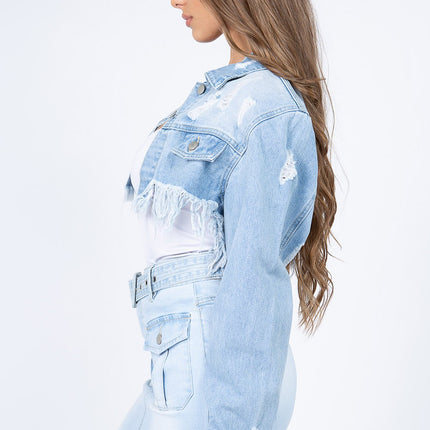 American Bazi Distressed Denim Jacket with Frayed Hem