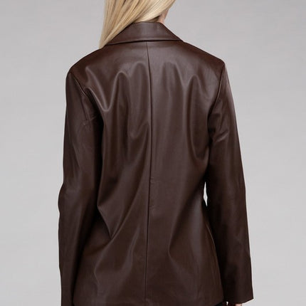 Sleek Pu Leather Blazer with Front Closure