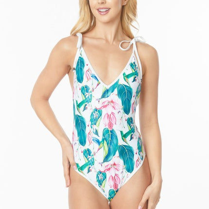 ONE PIECE BATHING SUIT FLORAL PRINT SHOULER TOP TI