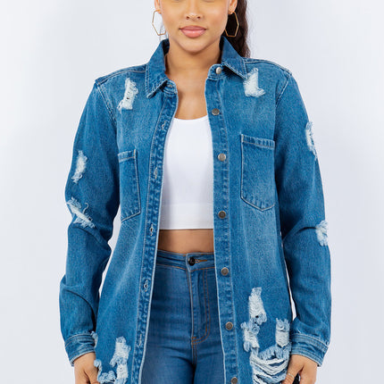 American Bazi Distressed Button Up Long Sleeve Denim Jacket