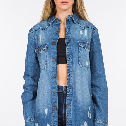 American Bazi Distressed Frayed Hem Denim Jacket