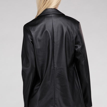 Sleek Pu Leather Blazer with Front Closure