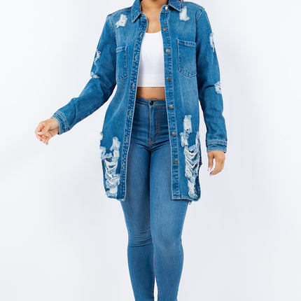 American Bazi Distressed Button Up Long Sleeve Denim Jacket