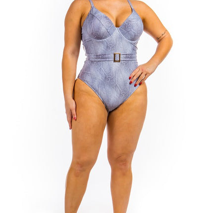 One Piece Buckle Belt embellish Denim Swimsuit