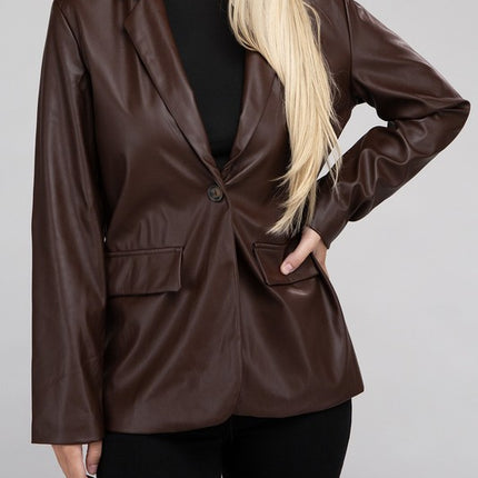 Sleek Pu Leather Blazer with Front Closure