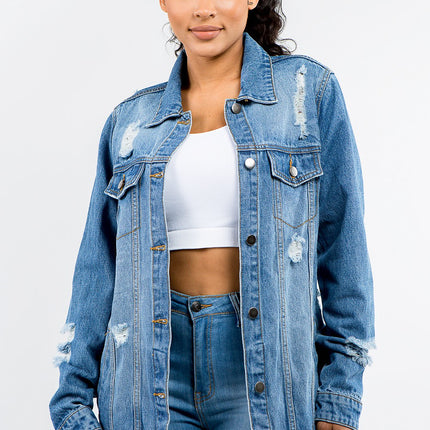 American Bazi Full Size Button Up Distressed Denim Jacket