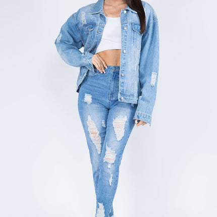 American Bazi Full Size Painted Back Distressed Denim Jacket