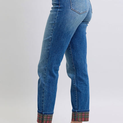 Judy Blue Full Size Plaid Print Cuff Straight Leg Jeans with Pockets