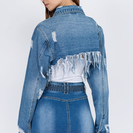 American Bazi Distressed Denim Jacket with Frayed Hem