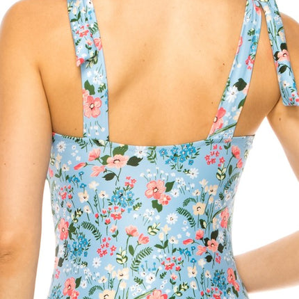 ONE PIECE BATHING SUIT FLORAL PRINT SHOULER TOP TI