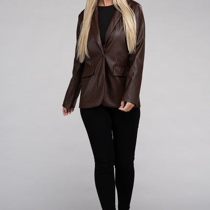 Sleek Pu Leather Blazer with Front Closure