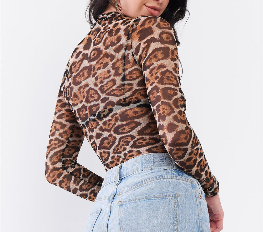 Taupe Brown Jaguar Print Sheer Mesh Mock Neck Long Sleeve Bodysuit