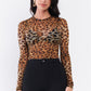 Brown Leopard Print Sheer Mesh Crew Neck Long Sleeve Bodysuit