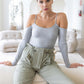 Heather Grey Ribbed Off-the-shoulder Long Sleeve Bodysuit