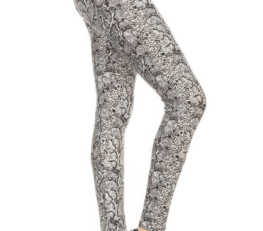 Snakeskin Print, Full Length, High Waisted Leggings In A Fitted Style With An Elastic Waistband