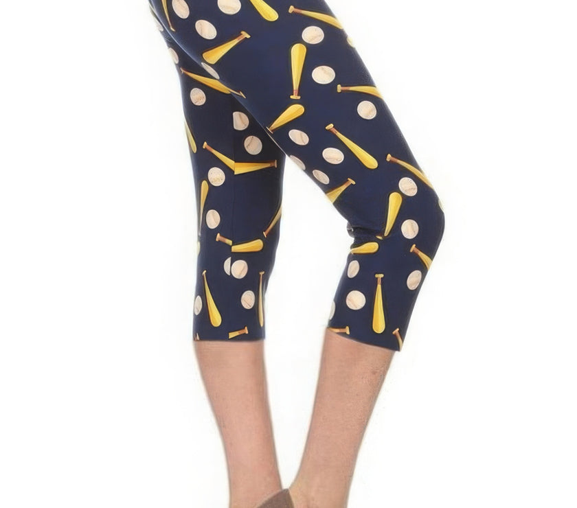 Baseball Printed, High Waisted Capri Leggings In A Fitted Style With An Elastic Waistband