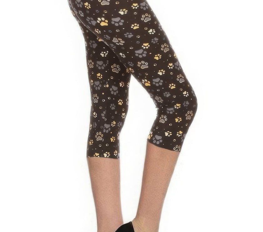 Paw Print, High Rise, Fitted Capri Leggings, With An Elastic Waistband