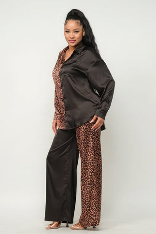 Half Animal Print And Half Solid Top And Pants Set