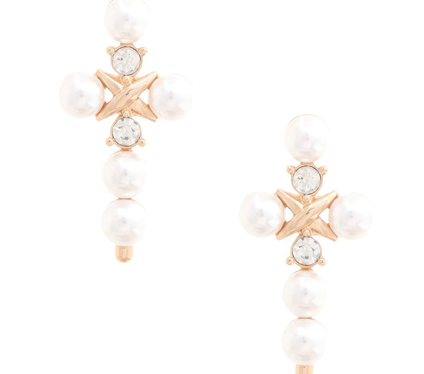 Pearl Bead Cross Dangle Earring